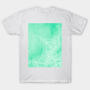 Doodled mandala on watercolor background - aqua T-Shirt